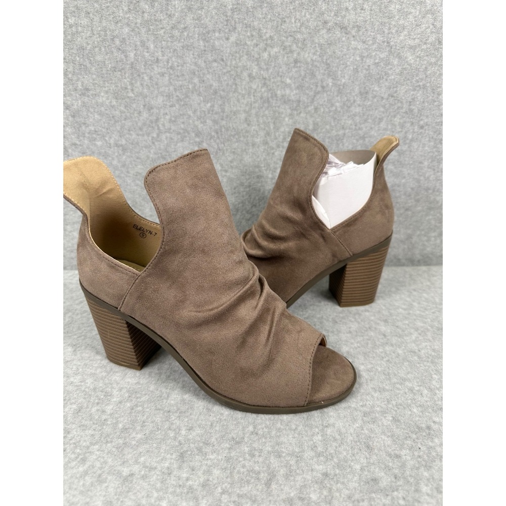 Ams ELELYN-7 Taupe Faux Suede Peep Toe Ruched Ankle Booties Heels Size 9 - Picture 2 of 9